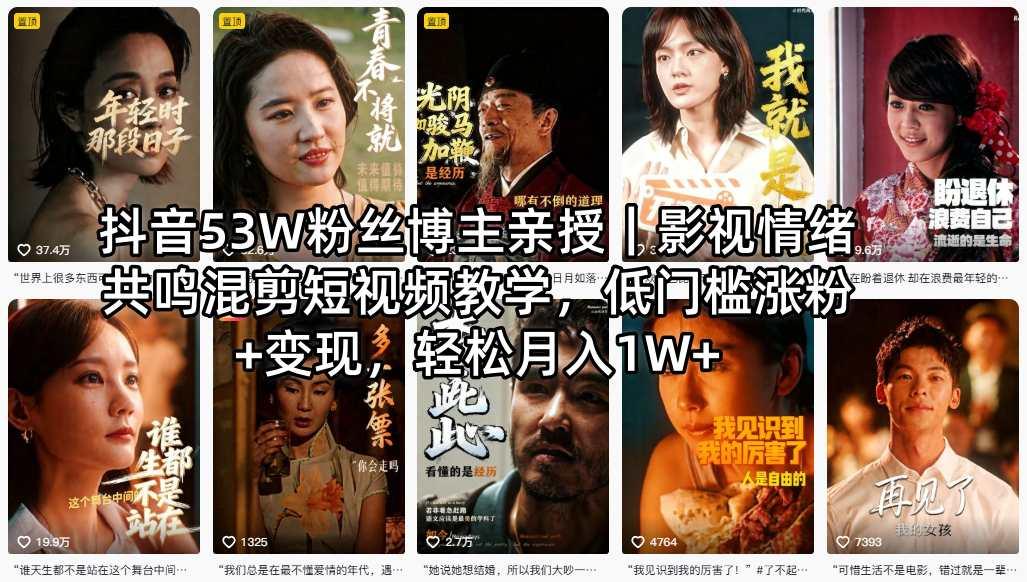抖音53W粉丝博主亲授｜影视情绪共鸣混剪短视频教学，低门槛涨粉+变现，轻松月入1W+ 图1
