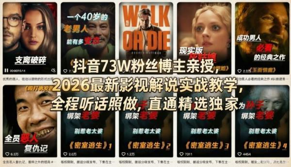 抖音73W粉丝博主亲授，2026最新影视解说实战教学，全程听话照做，直通精选独家 图1