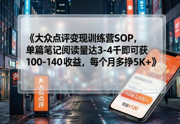 大众点评变现训练营SOP，单篇笔记阅读量达3-4千即可获100-140收益，每个月多挣5K+ 图1