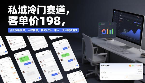 私域冷门赛道，客单价198，引流模板简单，人群精准，转化45%，单人一天大概收益1k 图1