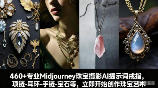 460+专业Midjourney珠宝摄影AI提示词戒指,项链-耳环-手链-宝石等,立即开始创作珠宝艺术 图1