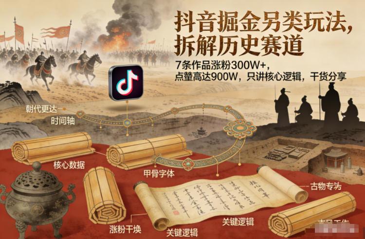 抖音掘金另类玩法，拆解历史赛道，7条作品涨粉300W+，点赞量高达900W，只讲核心逻辑，干货分享 图1