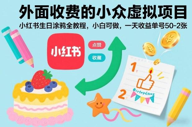 外面收费的小众虚拟项目，小红书生日涂鸦全教程，小白可做，一天收益单号50-2张 图1