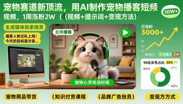 宠物赛道新顶流，用AI制作宠物播客短视频，1周涨粉2W（视频+提示词+变现方法） 图1