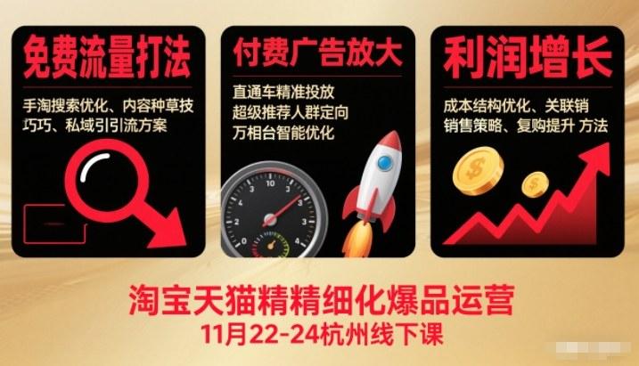 淘宝天猫精细化爆品运营11月22-24杭州线下课，免费流量打法+付费广告放大+利润增长（音频+文档） 图1
