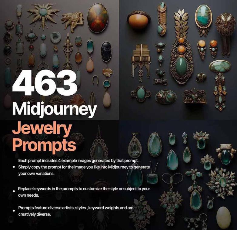 460+专业Midjourney珠宝摄影AI提示词戒指，项链-耳环-手链-宝石等，立即开始创作珠宝艺术 图3