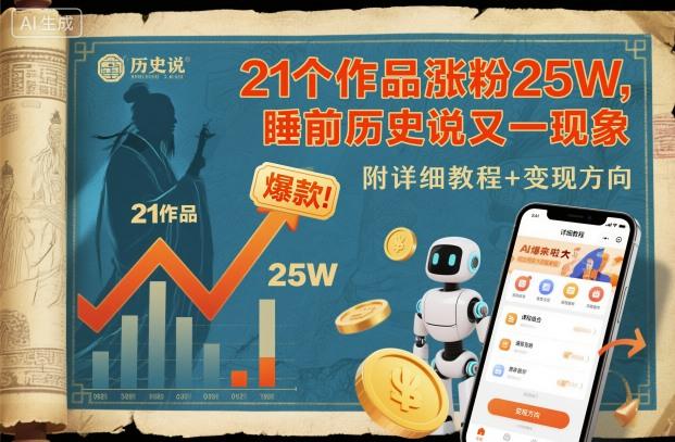 21个作品涨粉25W，睡前历史说又一现象级AI内容大爆款来啦，附详细教程+变现方向 图1