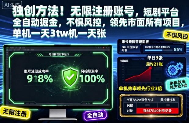 独创方法!无限注册账号,短剧平台全自动掘金,不惧风控,领先市面所有项目,单机一天3张【揭秘】 图1