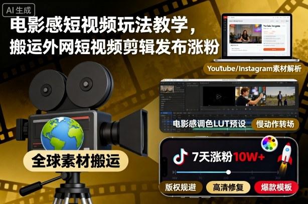 电影感短视频玩法教学，搬运外网短视频剪辑发布涨粉 图1