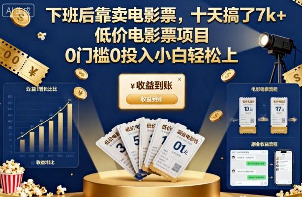 下班后靠卖电影票，十天搞了7k+，低价电影票项目，0门槛0投入小白轻松上手【揭秘】 图1