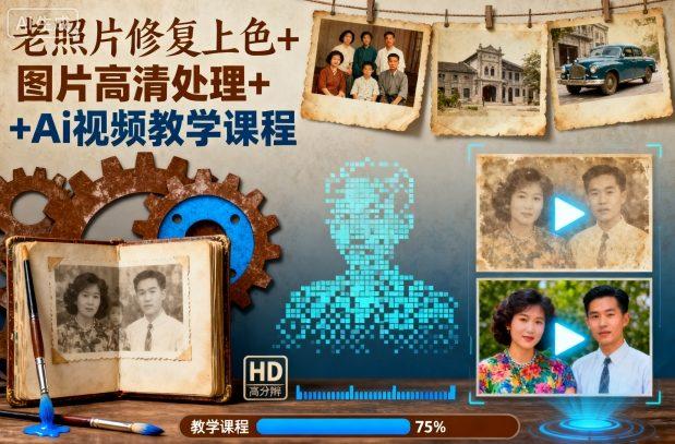 老照片修复上色+图片高清处理+Ai视频教学课程 图1
