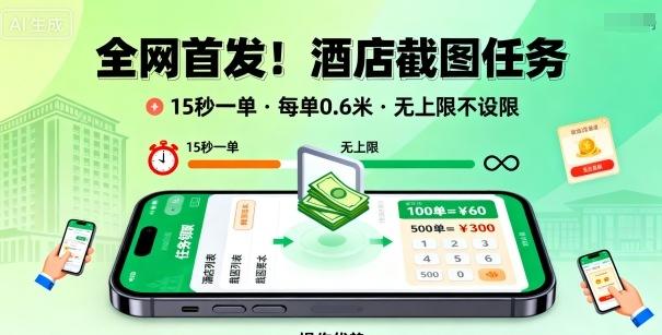 全网首发！酒店截图任务，15秒一单，每单0.6米，任务无上限不设限，矩阵操作单日3张到手【揭秘】 图1