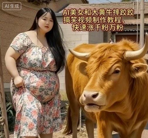AI美女和大黄牛摔跤搞笑荒诞视频制作教程，快速涨千粉万粉 图1