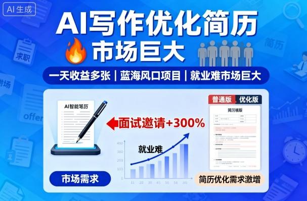AI写作优化简历，一天收益多张，蓝海风口项目，就业难市场巨大 图1