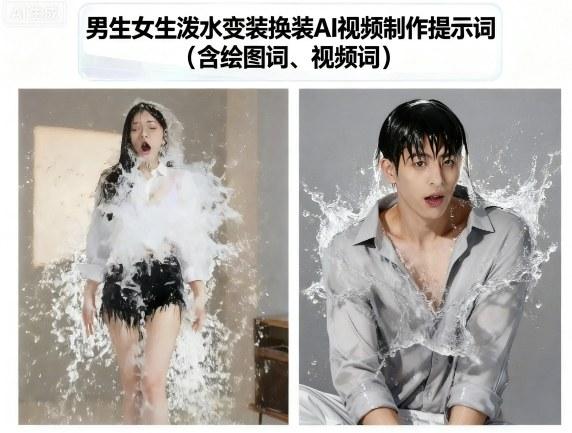 男生女生泼水变装换装AI视频制作提示词(含绘图词、视频词) 图1