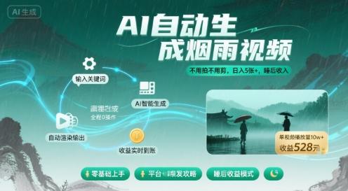 不用拍不用剪！AI自动生成烟雨视频，日入5张+，睡后收入 图1