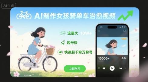 AI制作女孩骑单车治愈视频，流量大，起号快，快速起千粉万粉号 图1