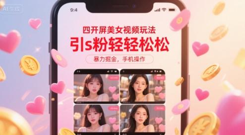 四开屏美女视频玩法，引s粉轻轻松松，暴力掘金，手机操作【揭秘】 图1