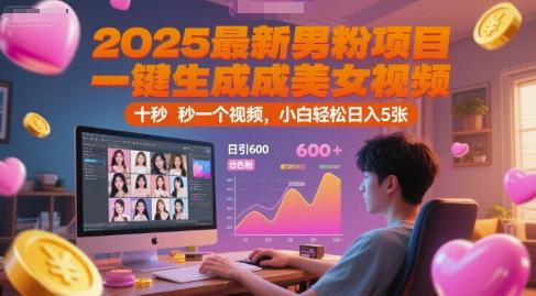 2025最新男粉项目，一键生成美女视频，日引600+色粉 十秒一个视频，小白轻松日入5张【揭秘】 图1