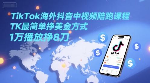 TikTok海外抖音中视频陪跑课程,TK最简单挣美金方式,1万播放挣8刀 图1