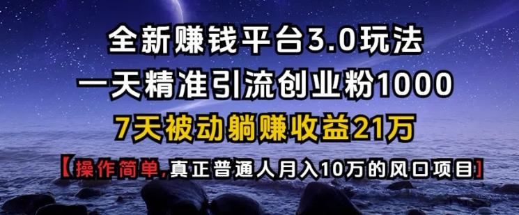 全新赚钱平台3.0玩法一天精准引流创业粉1000.7天被动躺Z收益21W【仅揭秘】 图1