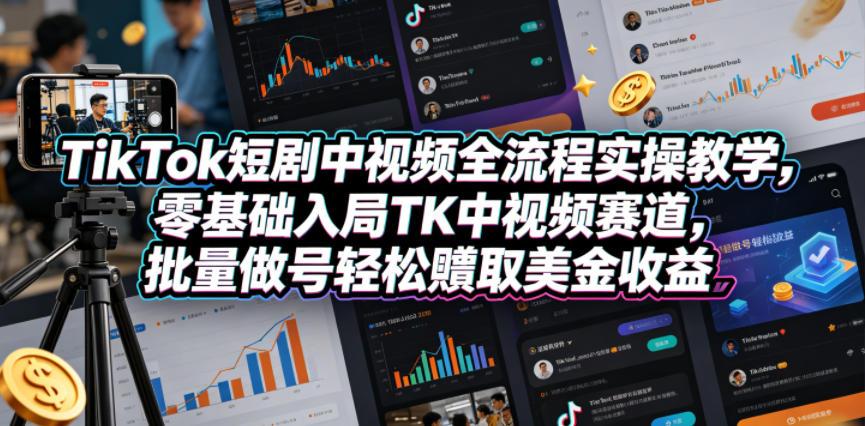 TikTok短剧中视频全流程实操教学，零基础入局TK中视频赛道，批量做号轻松賺取美金收益 图1