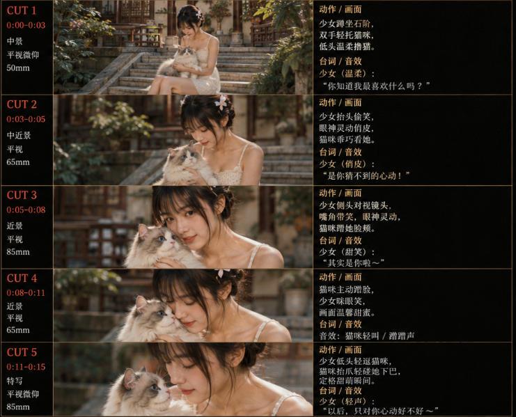 美女和猫故事提示词,人物一致性提示词+故事板 图1