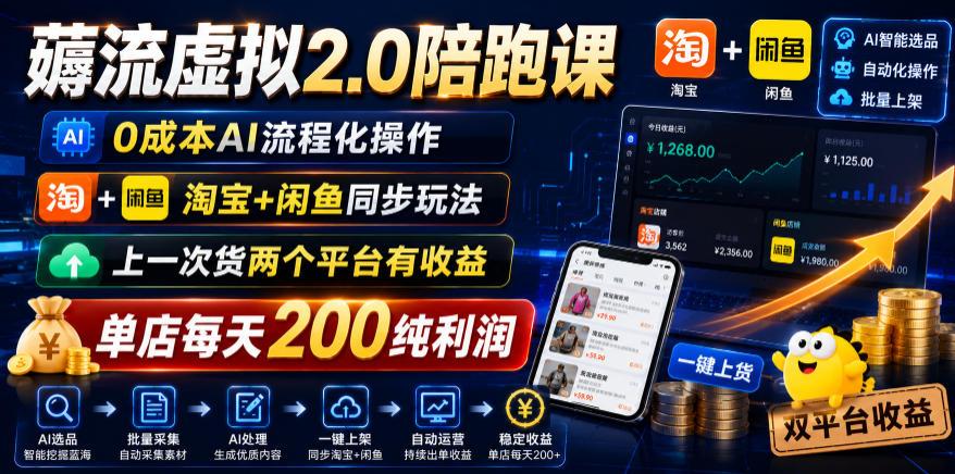 薅流虚拟2.0陪跑课，0成本AI流程化操作，淘宝+闲鱼同步玩法，上一次货两个平台有收益，单店每天200纯利润 图1