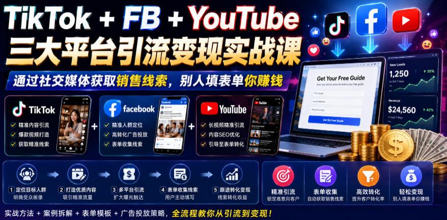 TikTok+FB+YouTube三大平台引流变现实战课,通过社交媒体获取销售线索,别人填表单你賺钱【原创双语字幕】 图1