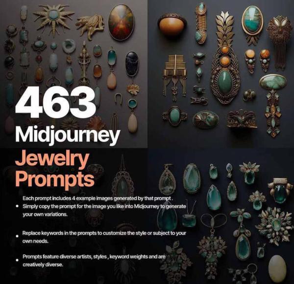 460+专业Midjourney珠宝摄影AI提示词戒指,项链-耳环-手链-宝石等,立即开始创作珠宝艺术 图2