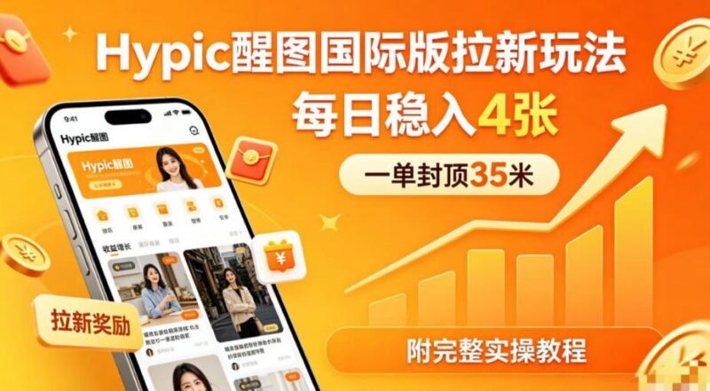 一单封顶35米,实测Hypic醒图国际版拉新玩法,每日稳入4张(附完整实操教程)-三零资源