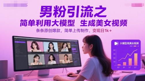 男粉引流之简单利用大模型生成美女视频,条条原创爆款,简单上传制作,变现日1k+-三零资源