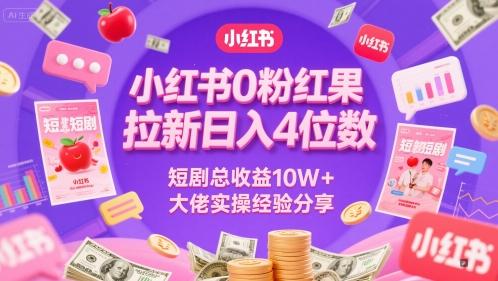 小红书0粉红果短剧拉新日入4位，数短剧总收益10W+大佬实操经验分享-三零资源