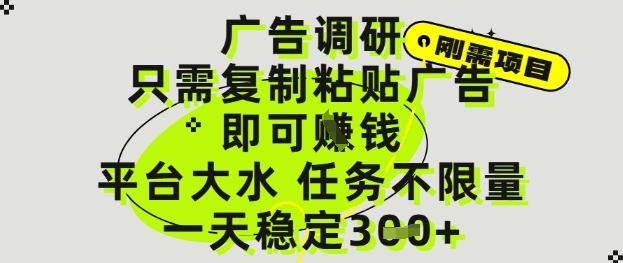 广告调研项目,只需复制粘贴广告即可挣钱,平台大水,任务不限量,一天3张【揭秘】-三零资源