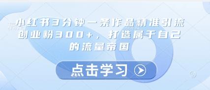 小红书3分钟一条作品精准引流创业粉300+,打造属于自己的流量帝国-三零资源