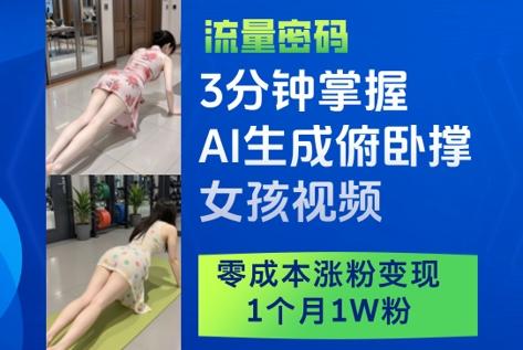 3分钟掌握AI生成俯卧撑女孩视频,零成本涨粉变现,1个月1W粉-三零资源