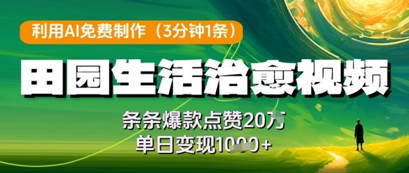 利用AI免费制作田园生活治愈视频,条条爆款点赞20W,单日变现几张-三零资源