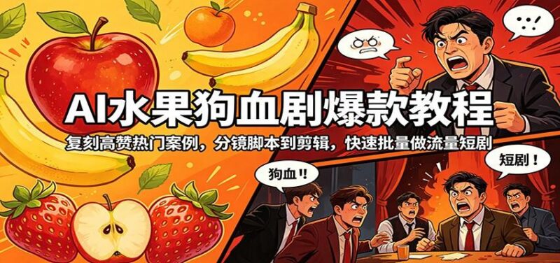 AI水果狗血剧爆款教程:复刻高赞热门案例,分镜脚本到剪辑,快速批量做流量短剧-三零资源