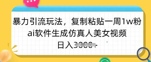 暴力引流玩法,复制粘贴一周1w粉,ai软件生成仿真人美女视频,日入多张-三零资源