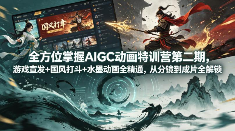 全方位掌握AIGC动画特训营第二期,游戏宣发+国风打斗+水墨动画全精通,从分镜到成片全解锁