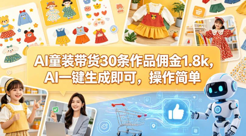 AI童装带货30条作品佣金1.8k,AI一键生成即可,操作简单
