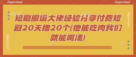 短剧搬运大佬经验分享付费短剧20天撸20个(他能吃肉我们就能喝汤)-三零资源