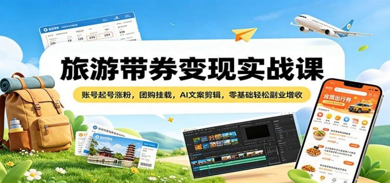 旅游带券变现实战课:账号起号涨粉,团购挂载,AI文案剪辑,零基础轻松副业增收-三零资源