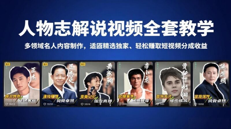 人物志解说视频全套教学,多领域名人内容制作,适配精选独家,轻松赚取短视频分成收益-三零资源