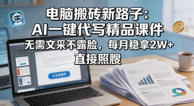 电脑搬砖新路子：AI一键代写精品课件，无需文采不露脸，每月稳拿2W+，直接照搬-三零资源