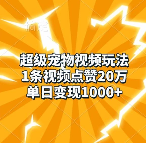 超级宠物视频玩法,1条视频点赞20万,单日变现1k-三零资源