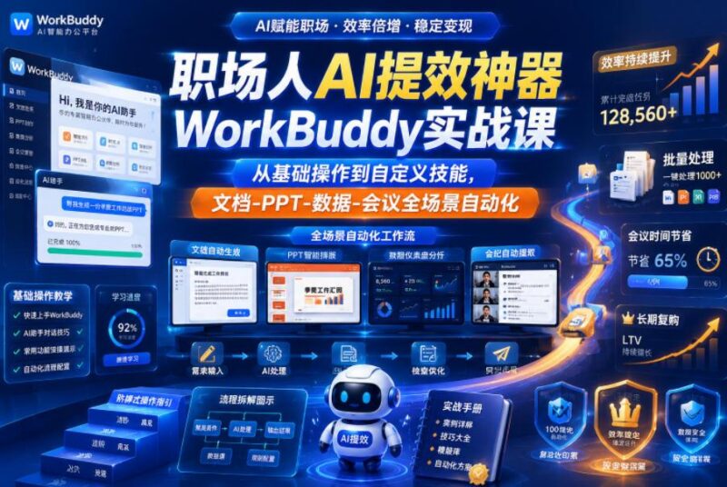 职场人AI提效神器WorkBuddy实战课,从基础操作到自定义技能,文档-PPT-数据-会议全场景自动化-三零资源