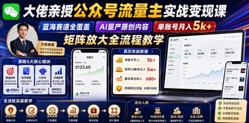 大佬亲授公众号流量主实战变现课,蓝海赛道全覆盖,AI量产原创内容,单账号月入5k+矩阵放大全流程教学-三零资源