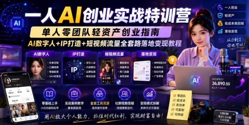 一人AI创业实战特训营,单人零团队轻资产创业指南,AI数字人+IP打造+短视频流量全套路落地变现教程-三零资源