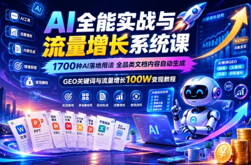 AI全能实战与流量增长系统课,1700种AI落地用法,全品类文档内容自动生成,GEO关键词与流量增长100W变现教程-三零资源